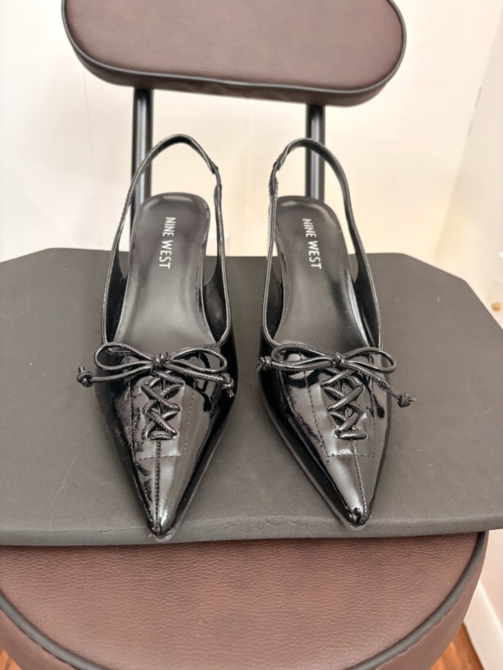 Nine West Black Patent Pointed Toe Slingback Pumps with Lace Detail